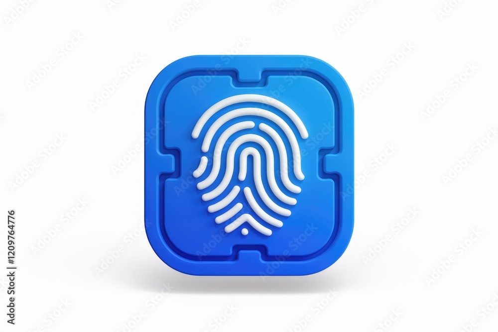 Aufkleber Blue square button with a white fingerprint icon symbolizing biometric security and authentication.