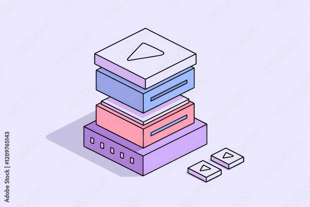 Poster isometric illustration of layered data blocks with play icons, representing video streaming or data 