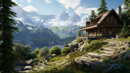 Fototapeta premium A photo of a Mountain Cabin with Architectural