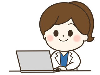 パソコンを使う白衣の女性のゆるかわイラスト