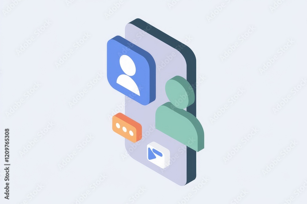 Poster isometric illustration of a smartphone screen displaying user profile, messages, and video player ic