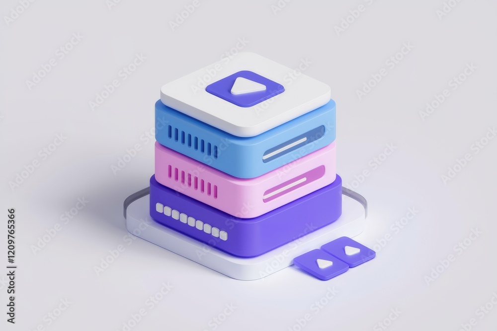 Poster a 3d illustration of a stack of servers with a play button, symbolizing video streaming infrastructu