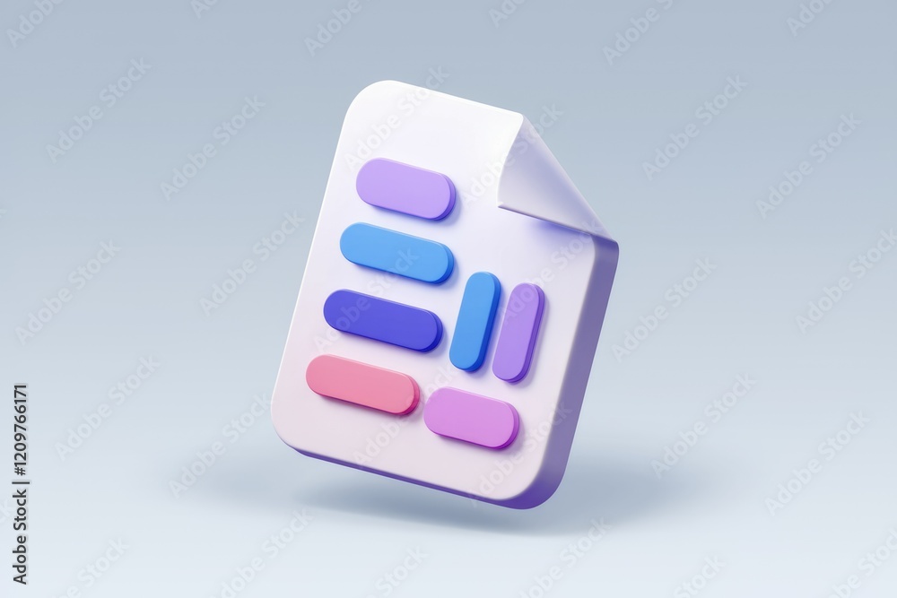 Poster 3D render of a document icon with colorful data points, representing data visualization or file management.