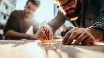 Obraz premium Two men collaborating on creative project, focusing on intricate details under warm sunlight