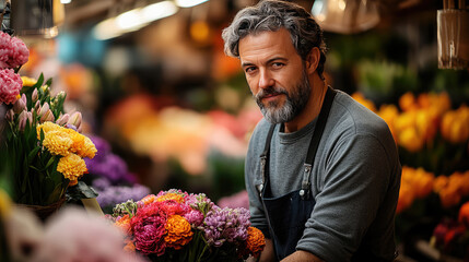 handsome middle age gay man with beard florist arranging colorful flowers in vibrant market. scene captures beauty of nature and artistry of floral design, of warmth and creativity