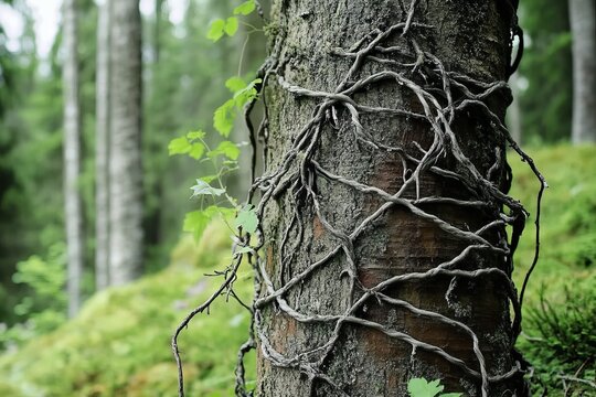 Parasitic plant taking over tree trunk in lush forest