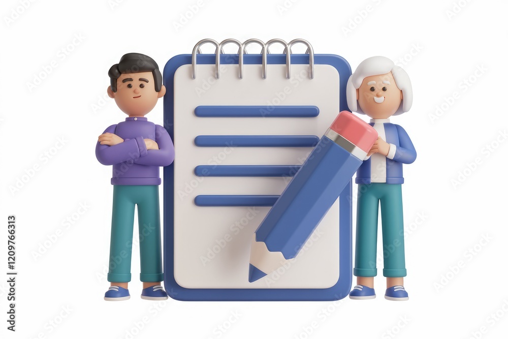 Poster two cartoon characters stand beside a notepad and pencil, symbolizing teamwork and note-taking.