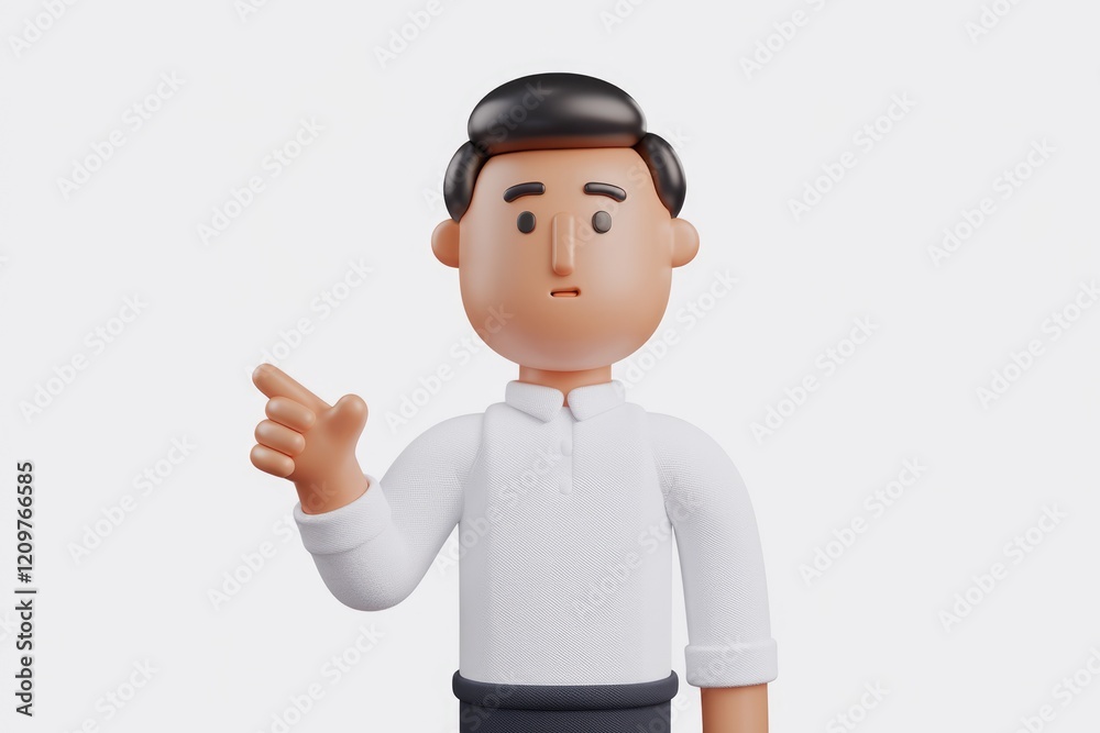Poster A 3D cartoon man with a questioning expression, pointing to something.