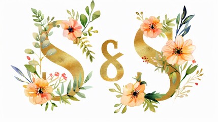 Elegant Letter S with Watercolor Flowers and Leaves in Gold Flora Design