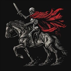 A detailed illustration of a skeleton riding a horse, wielding a sword and draped in a flowing cloak. The gothic style emphasizes its eerie and medieval fantasy theme.