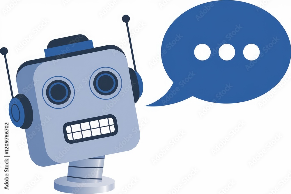 Poster a friendly robot is communicating, expressing ideas through a speech bubble.