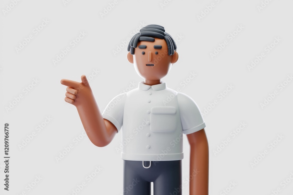 Poster 3D cartoon man pointing with a questioning expression.