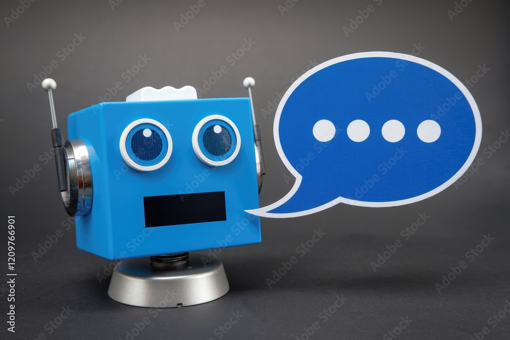 Aufkleber a blue robot with antennas speaks using a speech bubble; communication and ai concept.