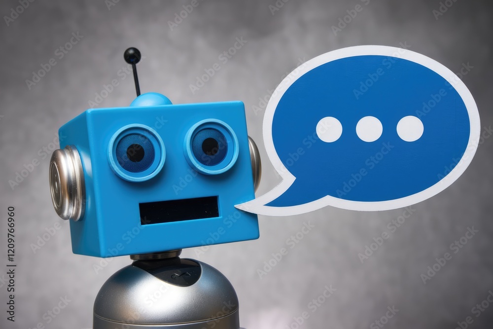Poster A blue robot with a speech bubble, representing AI communication and chatbot technology.
