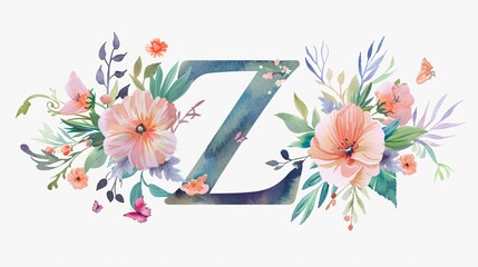 Elegant Floral Letter Z Wedding Monogram Watercolor Design