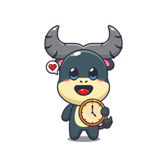 buffalo mascot cartoon character vector illustration with clock.