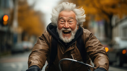 joyful elderly man riding bicycle with big smile, showcasing happiness and vitality in urban setting. His hair is blowing in wind, adding to lively atmosphere