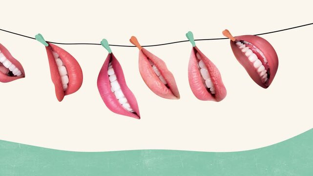 Motion art collage video of faceless mouth hang laundry rope pin clothes dry wash speak gossip information dialogue