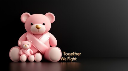 Obraz premium A cute pink teddy bear with a smaller companion, both wearing bandages, symbolizes support and togetherness in facing challenges. Encouraging words for World Cancer Day.