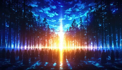 Fototapeta premium Silhouetted figures gather in a mystical glowing forest