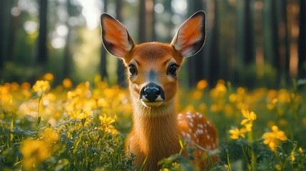 Fawn in forest meadow, wildflowers, sunset