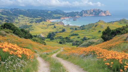 Coastal valley road wildflowers ocean view scenic landscape travel photography