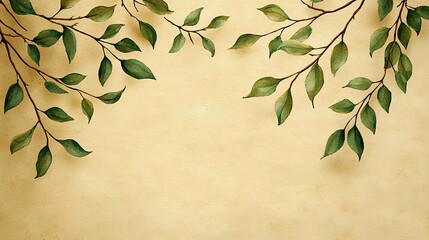 Leafy branches frame a textured beige background creating a natural and organic design element