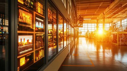 Fototapeta premium futuristic steel plant control room with holographic displays and glowing sunlight