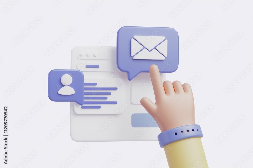 Aufkleber 3D illustration of a hand interacting with a user interface showing email, user profile and messages.