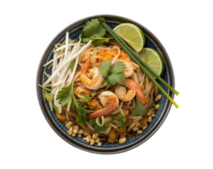 Delicious Pad Thai noodle dish isolated with a transparent white background, showcasing stir-fried rice noodles, peanuts, lime, and shrimp, great for menu designs, advertisements, and food packaging