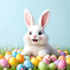 Adorable White Bunny Surrounded by Colorful Easter Eggs in a Pastel Background