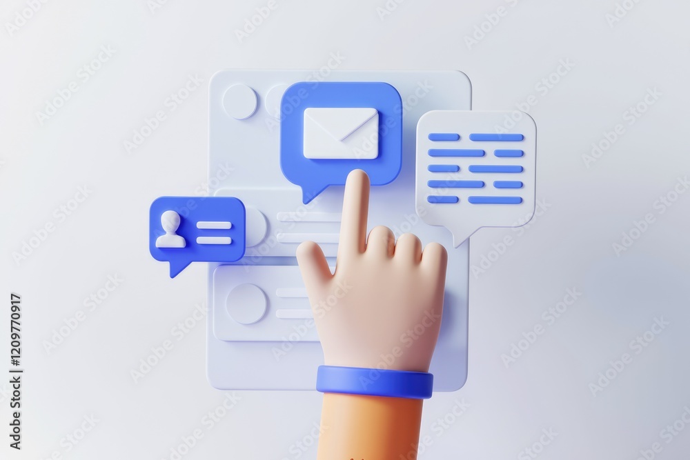 Poster a 3d hand interacts with a user interface featuring email, messages, and profile icons, signifying d