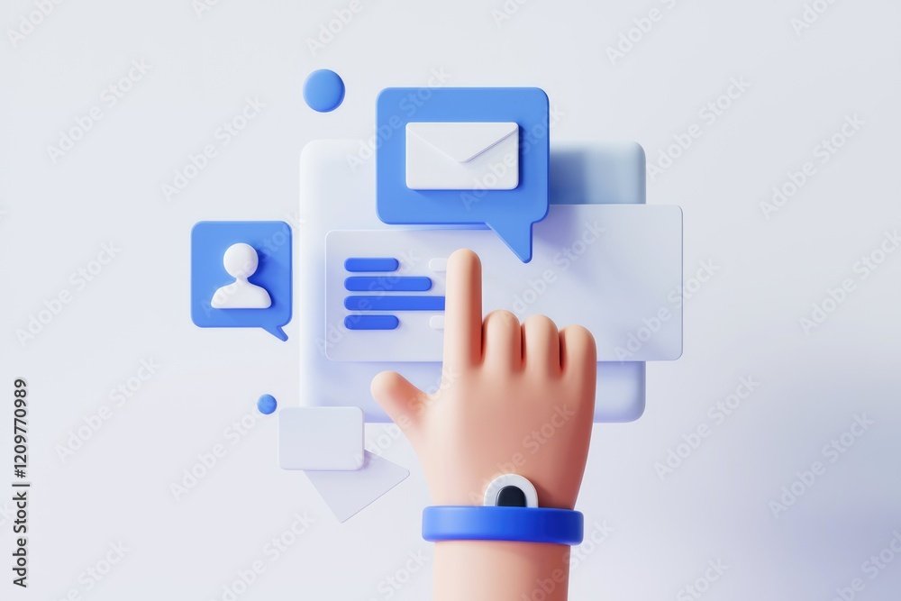 Aufkleber Hand interacting with a digital interface displaying email, profile, and list icons, symbolizing online communication and data management.