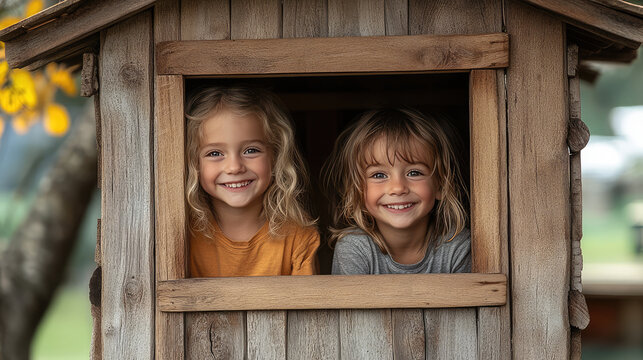 Happy children smiling from wooden playhouse, enjoying their time together. Their joyful expressions capture essence of childhood playfulness and friendship