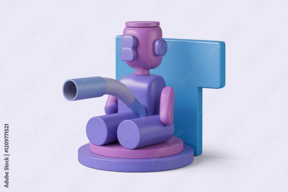 Poster abstract 3d render of a playful robot seated on a platform, featuring vibrant purple and blue tones.