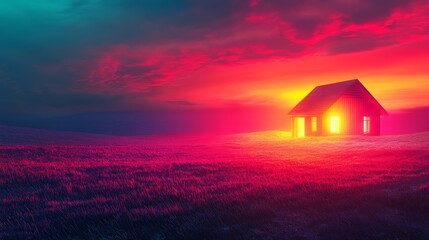 Artistic representation of a colorful house glowing in a surreal field