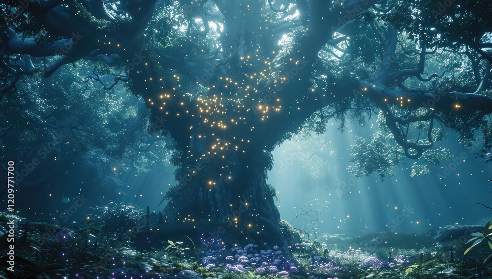 Poster a mysterious enchanted forest, thick ancient trees with glowing moss and vines, scattered biolumines