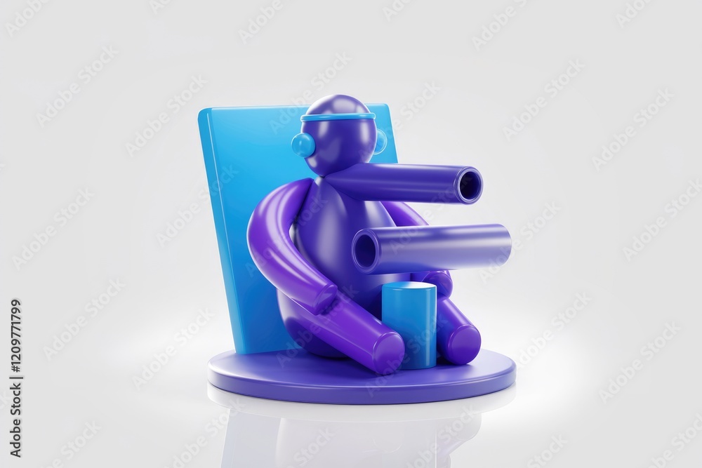 Poster abstract 3d render of a playful purple and blue character with tubes, sitting on a platform.