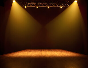 stage with a spotlight, a theater stage with yellow disco lights, an empty stage with bright colors, a music concert stage with a spotlight