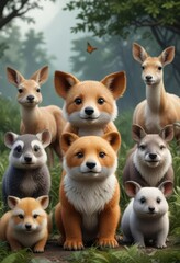 Fototapeta premium Collection of wildlife illustrations featuring cute animals, cute, endearing, wildlife