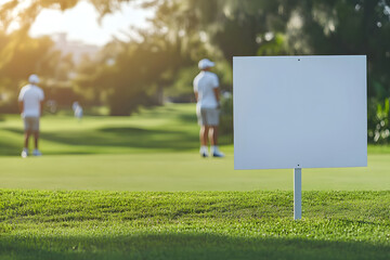blank yard sign stands prominently near golf fairway, with distant players engaged in game. serene setting captures essence of sunny day on course