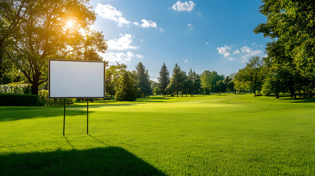 blank banner placed near golf green on sunny day, surrounded by lush trees and clear blue sky, creating serene and inviting atmosphere