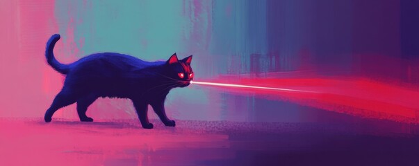 A pixel art illustration of a cat chasing a laser pointer, its playful instincts and curiosity piqued by the moving light.