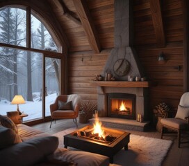 Fototapeta premium cozy cabin by the fireplace on a winter morning, warm light, peaceful silence