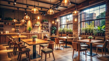 Fototapeta premium Cozy coffee shop interior with warm lighting and wooden furniture, shop, warm