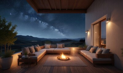 Fototapeta premium Cozy seating area on a house balcony with a built in fireplace under starry night sky , evening relaxation, fire pit seating, comfortable seating