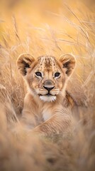 Obraz premium Close-Up of a Young Lion Resting in Tall Golden Grass
