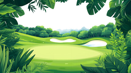 vibrant golf course scene surrounded by lush greenery and tropical plants, featuring sand traps and serene water body in background