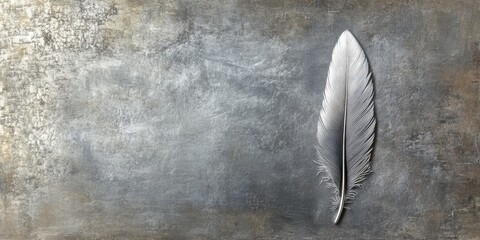 Silver feather rests on a textured gray background