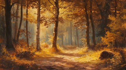 Fototapeta premium Autumn forest landscape with warm golden sunlight filtering through trees, highly detailed, peaceful and serene, vibrant and magical, natural and striking atmosphere